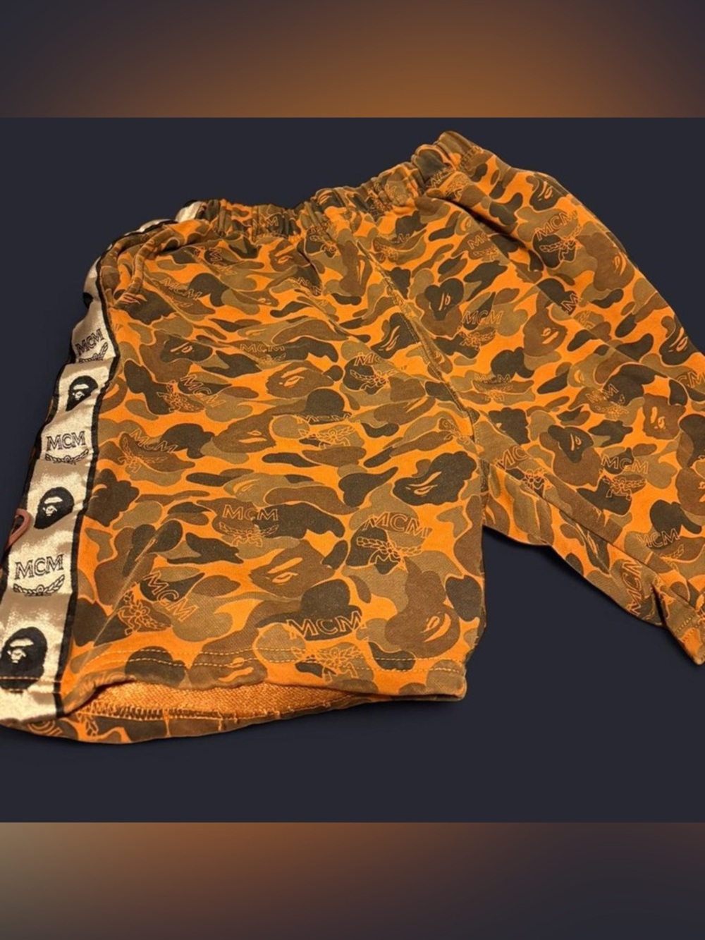 MCM Orange and Brown Camo Athletic Shorts with Logo Tape
